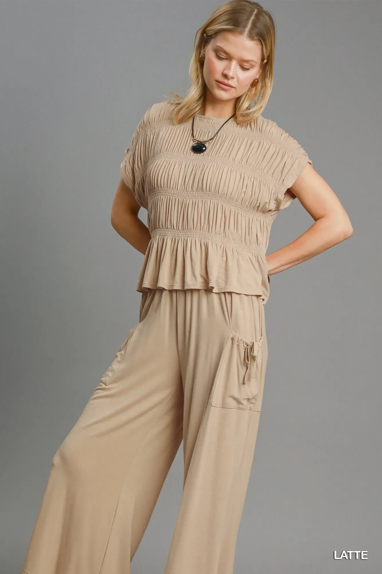 Umgee Short Sleeve Knit Smocked Top - minbolu -