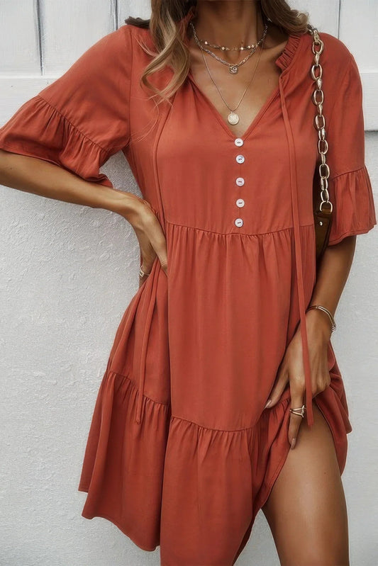 V Neck Flounce Sleeve Ruffle Hem Tie Neck Dress - minbolu
