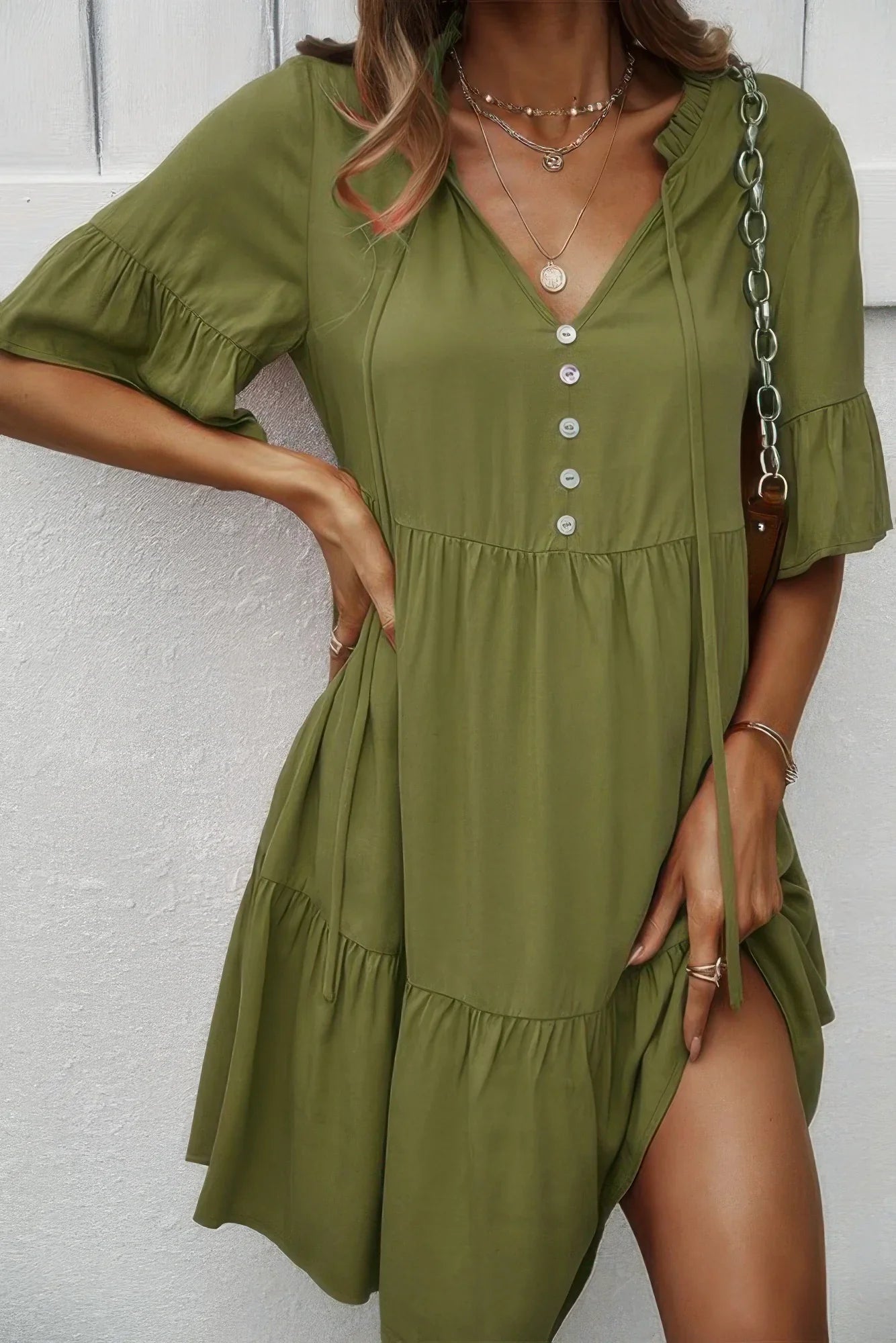 V Neck Flounce Sleeve Ruffle Hem Tie Neck Dress - minbolu
