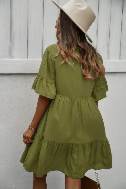 V Neck Flounce Sleeve Ruffle Hem Tie Neck Dress - minbolu