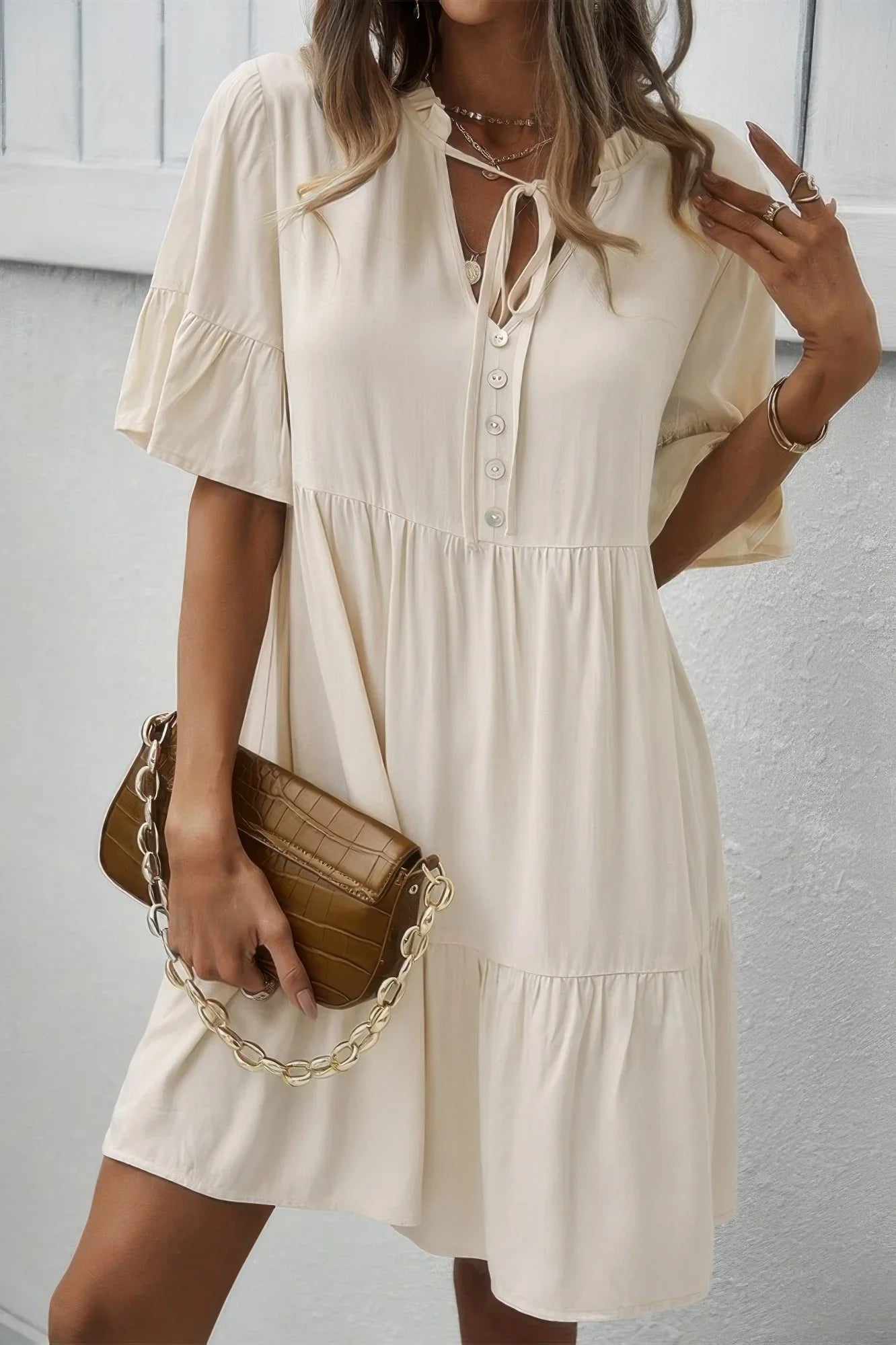 V Neck Flounce Sleeve Ruffle Hem Tie Neck Dress - minbolu