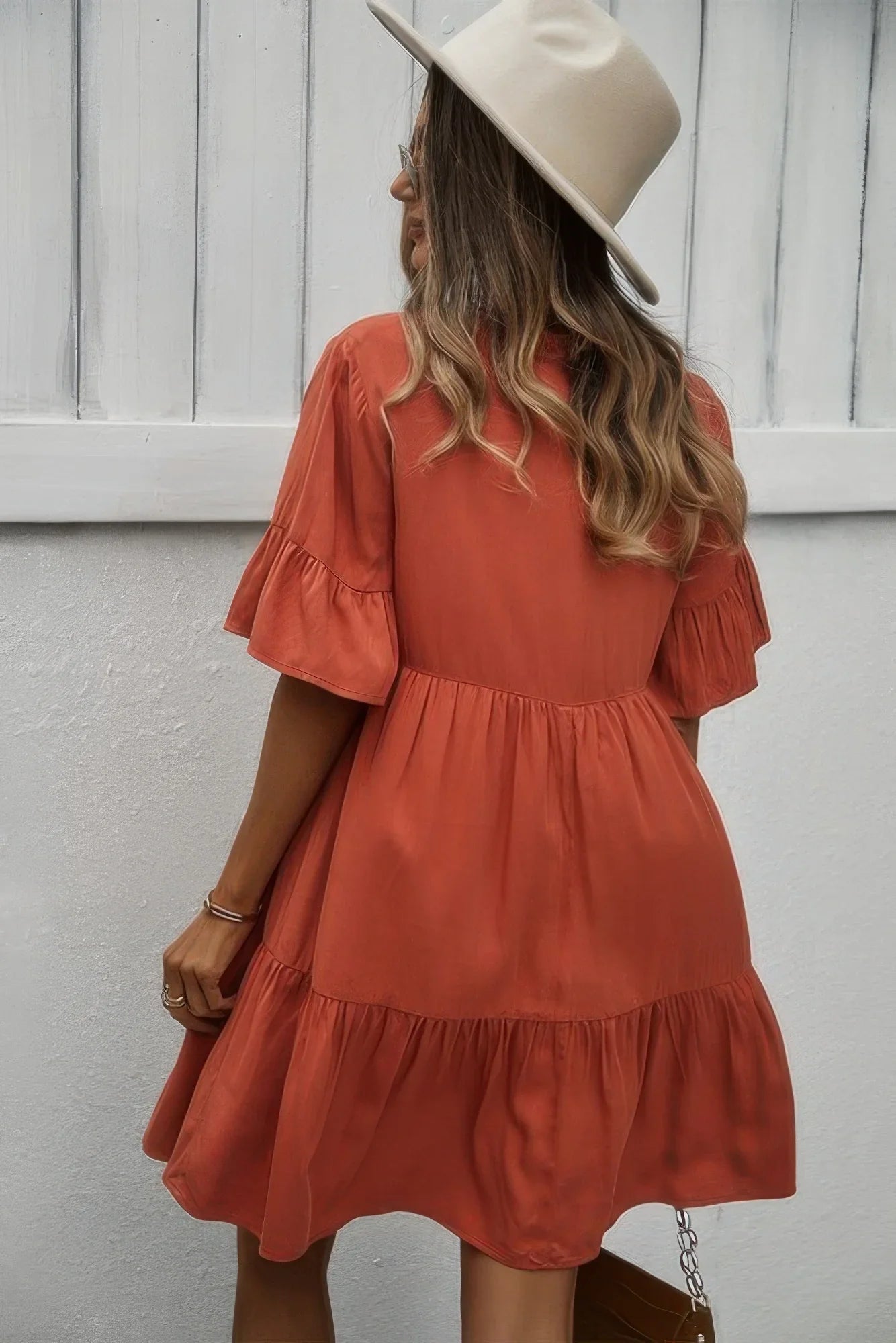 V Neck Flounce Sleeve Ruffle Hem Tie Neck Dress - minbolu