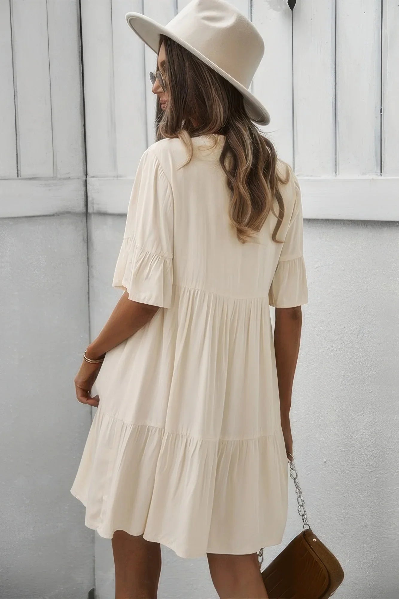 V Neck Flounce Sleeve Ruffle Hem Tie Neck Dress - minbolu