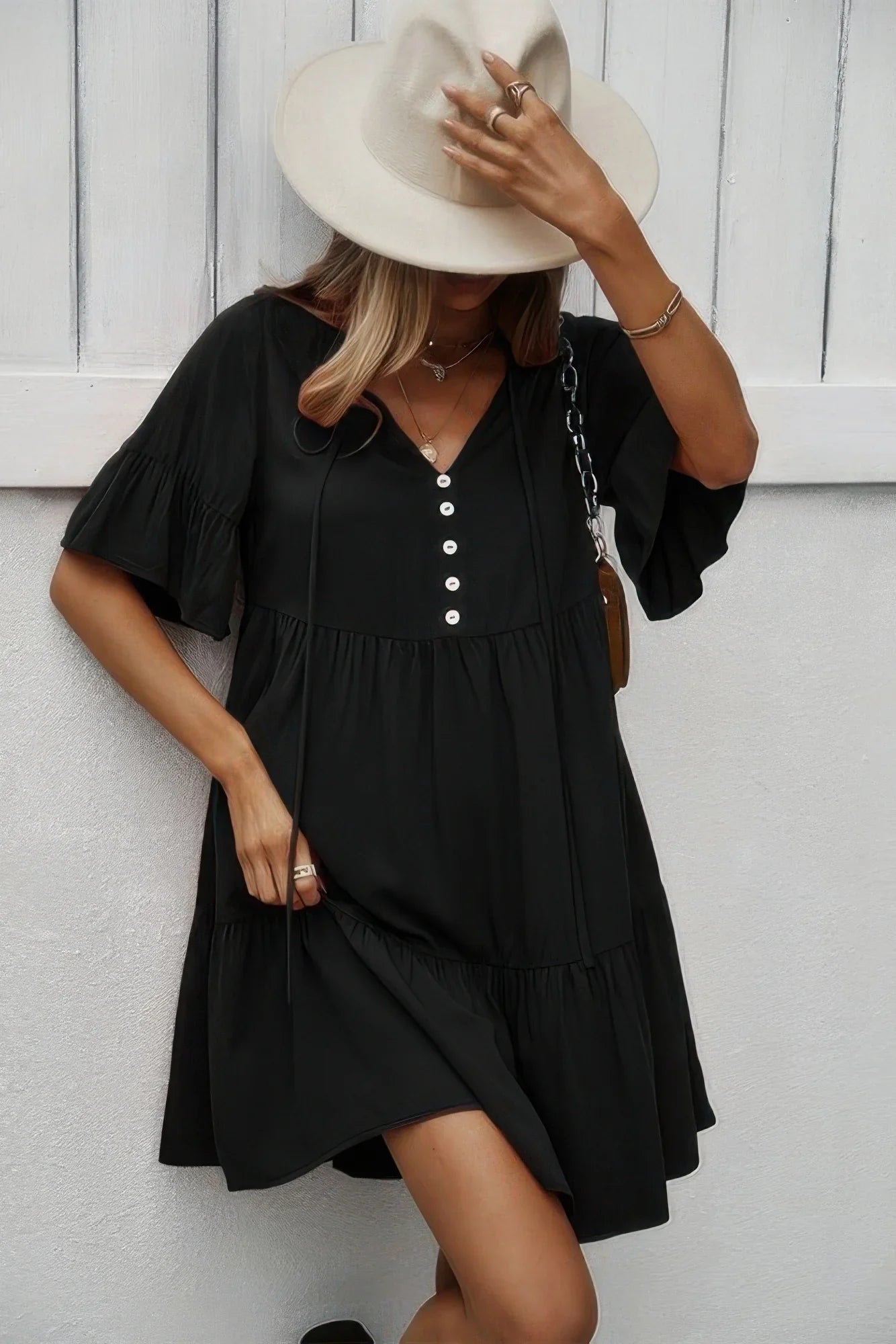 V Neck Flounce Sleeve Ruffle Hem Tie Neck Dress - minbolu
