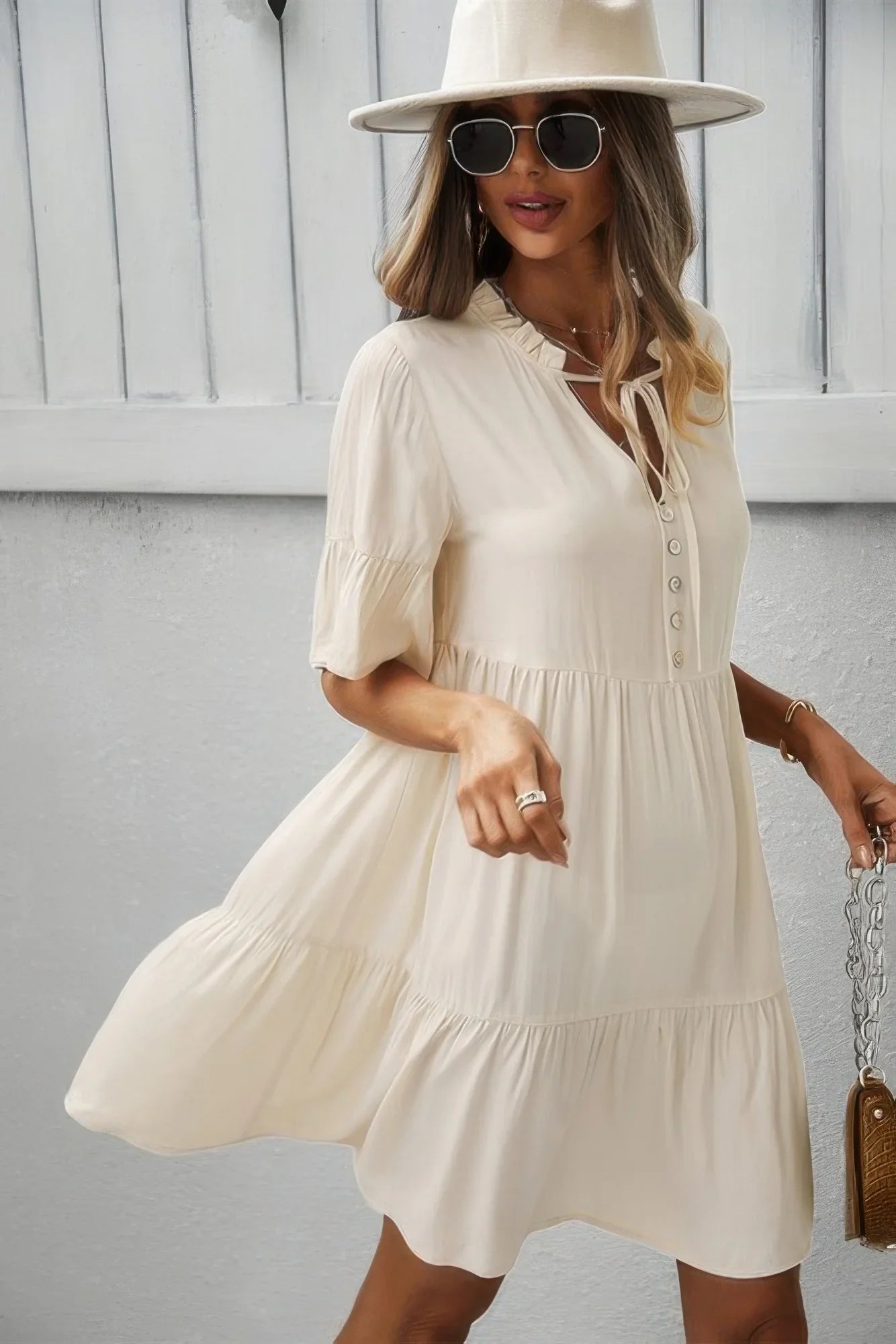 V Neck Flounce Sleeve Ruffle Hem Tie Neck Dress - minbolu