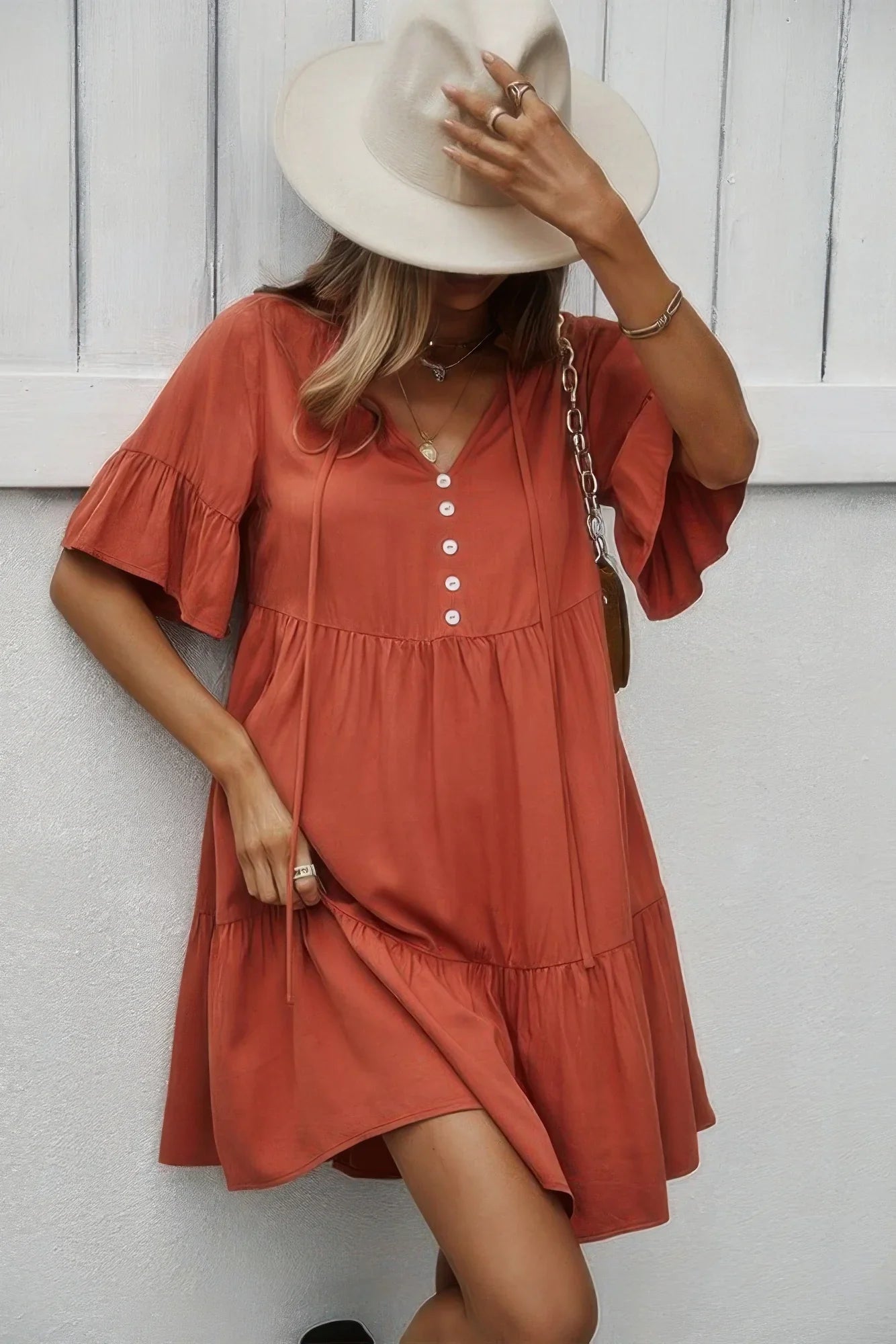 V Neck Flounce Sleeve Ruffle Hem Tie Neck Dress - minbolu