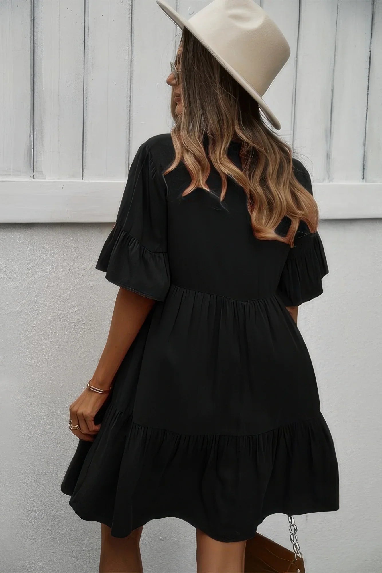 V Neck Flounce Sleeve Ruffle Hem Tie Neck Dress - minbolu