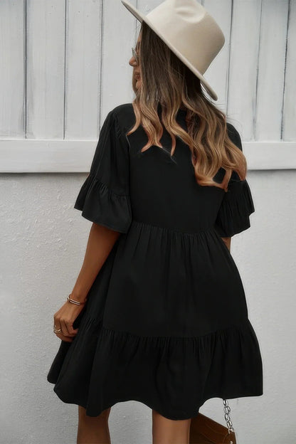 V Neck Flounce Sleeve Ruffle Hem Tie Neck Dress - minbolu