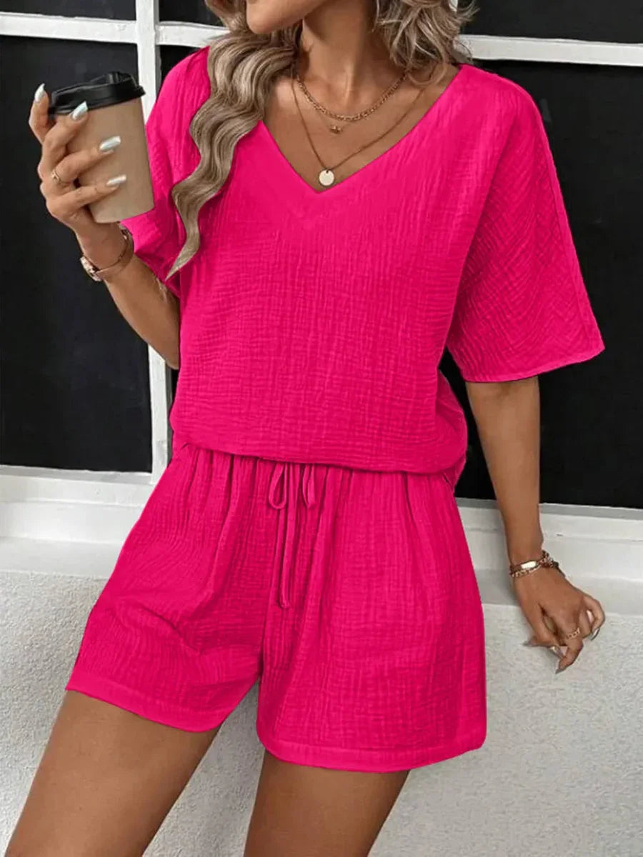 V-Neck Half Sleeve Top and Shorts Set - minbolu -