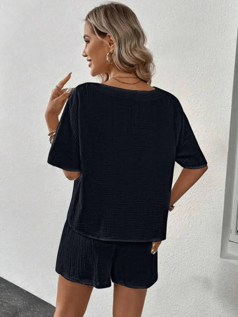 V-Neck Half Sleeve Top and Shorts Set - minbolu -