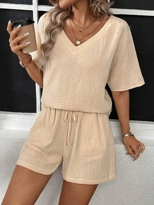 V-Neck Half Sleeve Top and Shorts Set - minbolu -
