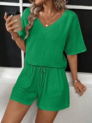 V-Neck Half Sleeve Top and Shorts Set - minbolu -