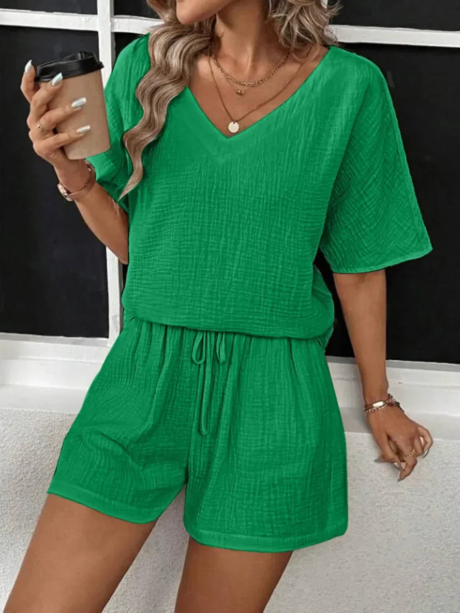 V-Neck Half Sleeve Top and Shorts Set - minbolu -