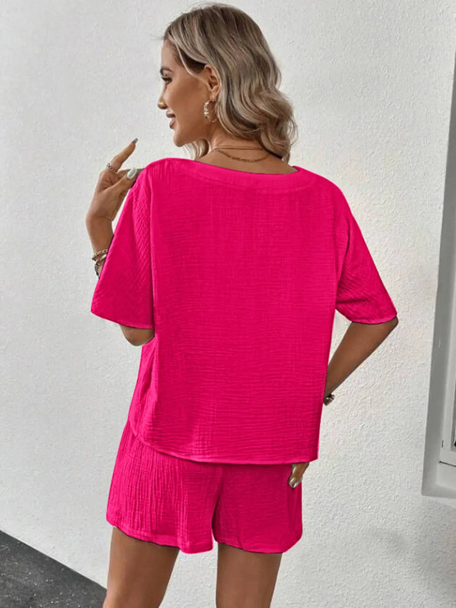 V-Neck Half Sleeve Top and Shorts Set - minbolu -