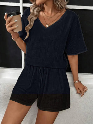 V-Neck Half Sleeve Top and Shorts Set - minbolu -