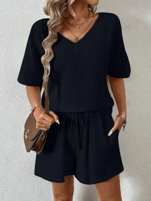 V-Neck Half Sleeve Top and Shorts Set - minbolu -