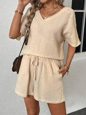 V-Neck Half Sleeve Top and Shorts Set - minbolu -