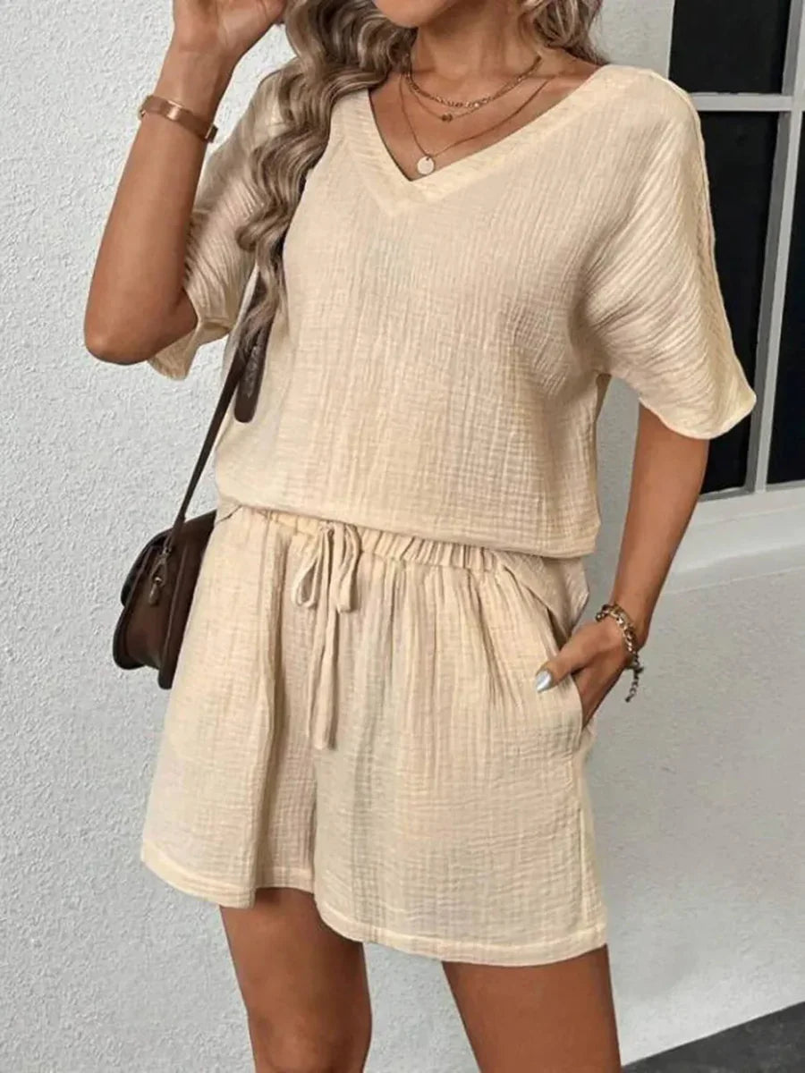 V-Neck Half Sleeve Top and Shorts Set - minbolu -