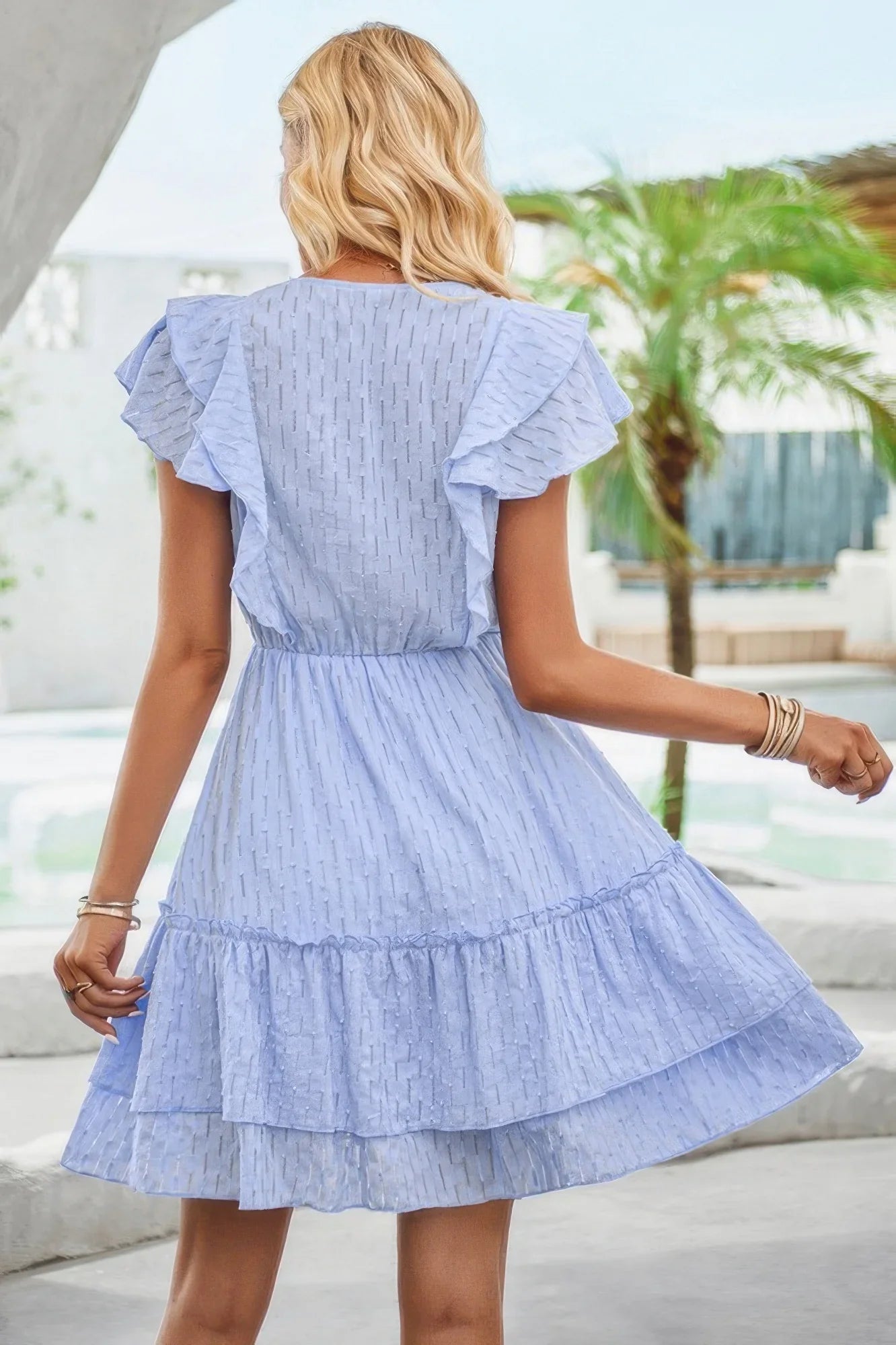 V - Neck Hollow Pleated A - Line Mini Dress - Flowy Short Dress - minbolu