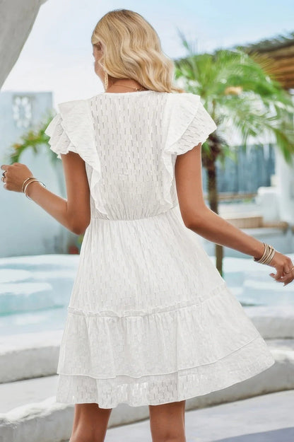 V - Neck Hollow Pleated A - Line Mini Dress - Flowy Short Dress - minbolu