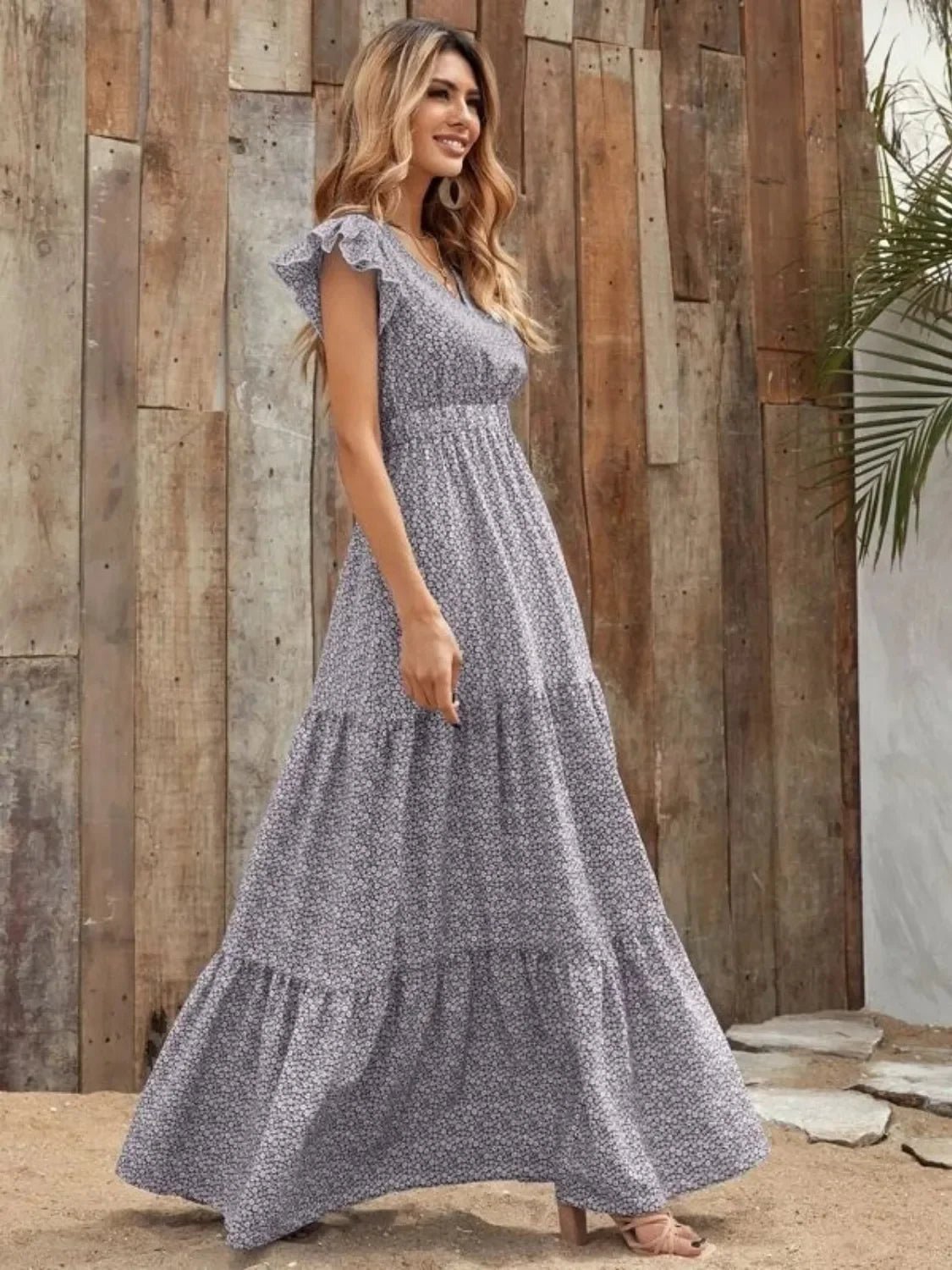 V-Neck Ruffled Cap Sleeve Prairie Maxi Dress - minbolu -