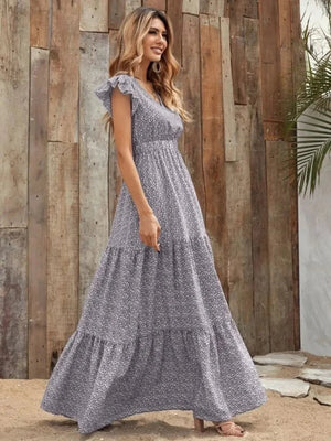 V-Neck Ruffled Cap Sleeve Prairie Maxi Dress - minbolu -