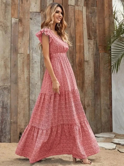 V - Neck Ruffled Cap Sleeve Prairie Maxi Dress - minbolu