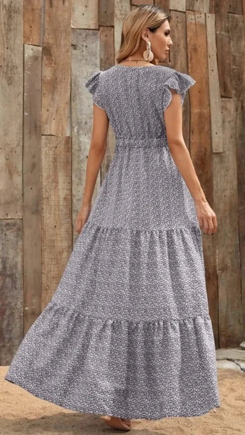 V-Neck Ruffled Cap Sleeve Prairie Maxi Dress - minbolu -