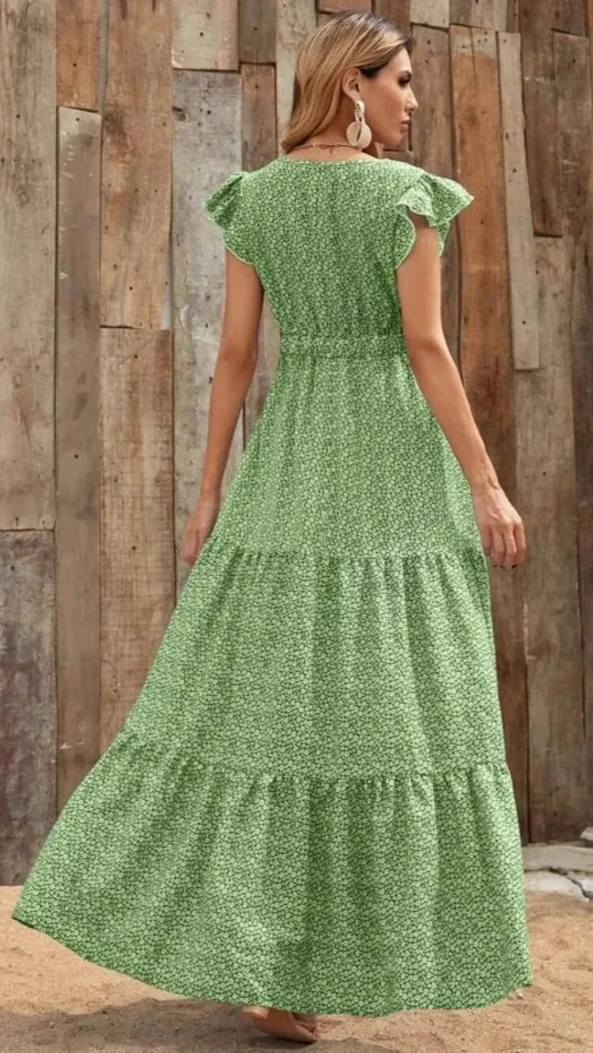 V-Neck Ruffled Cap Sleeve Prairie Maxi Dress - minbolu -