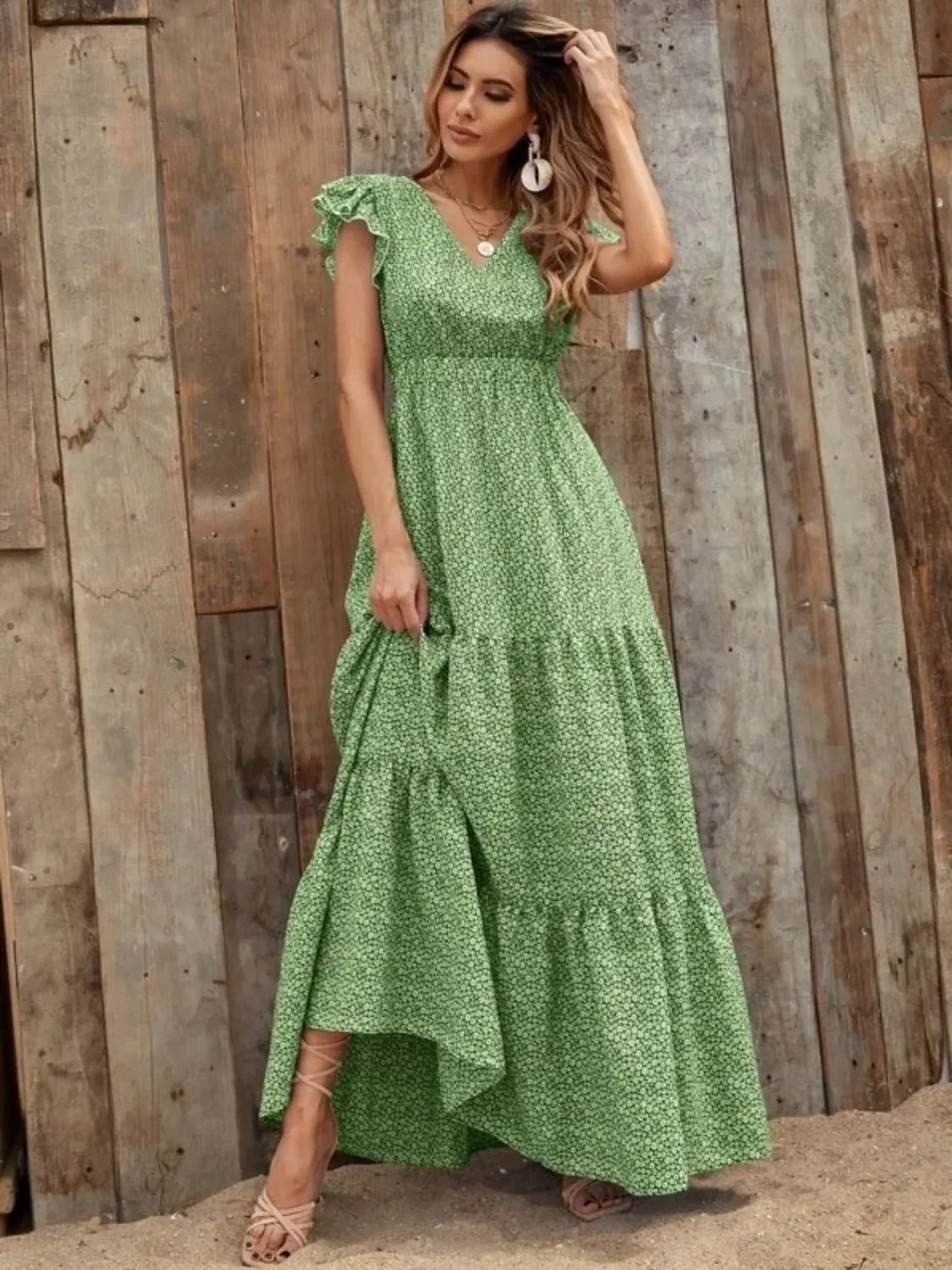 V-Neck Ruffled Cap Sleeve Prairie Maxi Dress - minbolu -