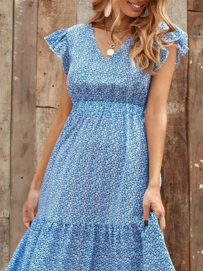 V - Neck Ruffled Cap Sleeve Prairie Maxi Dress - minbolu