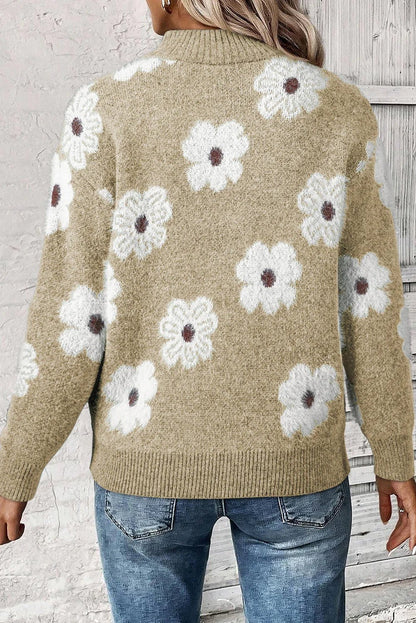 Vintage Floral Half - Zip Sweater – Khaki Cozy Chic - minbolu