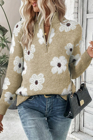 Vintage Floral Half-Zip Sweater – Khaki Cozy Chic - minbolu -