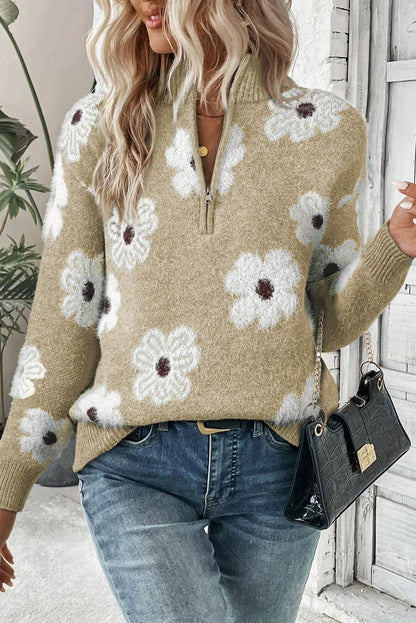 Vintage Floral Half - Zip Sweater – Khaki Cozy Chic - minbolu
