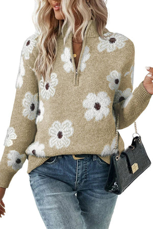 Vintage Floral Half-Zip Sweater – Khaki Cozy Chic - minbolu -