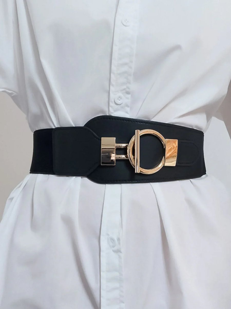 Wanderlust Wide Elastic Belt - Boho Chic Statement Accessory with Vintage Alloy Buckle: Black - minbolu -