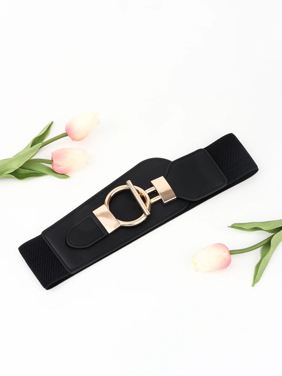 Wanderlust Wide Elastic Belt - Boho Chic Statement Accessory with Vintage Alloy Buckle: Black - minbolu -