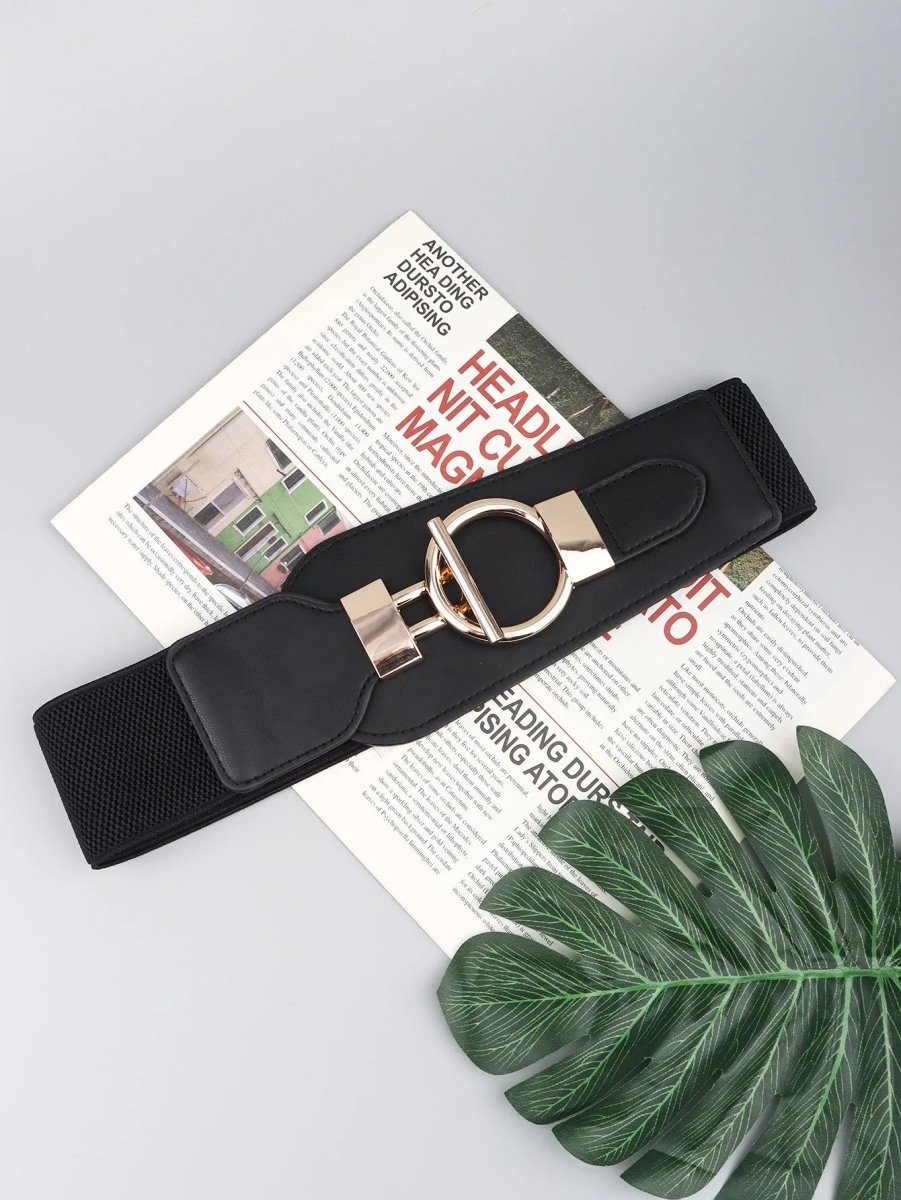 Wanderlust Wide Elastic Belt - Boho Chic Statement Accessory with Vintage Alloy Buckle: Black - minbolu -