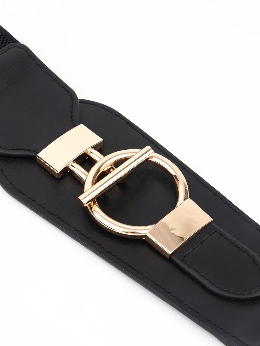 Wanderlust Wide Elastic Belt - Boho Chic Statement Accessory with Vintage Alloy Buckle: Black - minbolu -