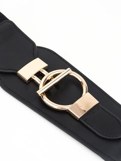 Wanderlust Wide Elastic Belt - Boho Chic Statement Accessory with Vintage Alloy Buckle: Black - minbolu -