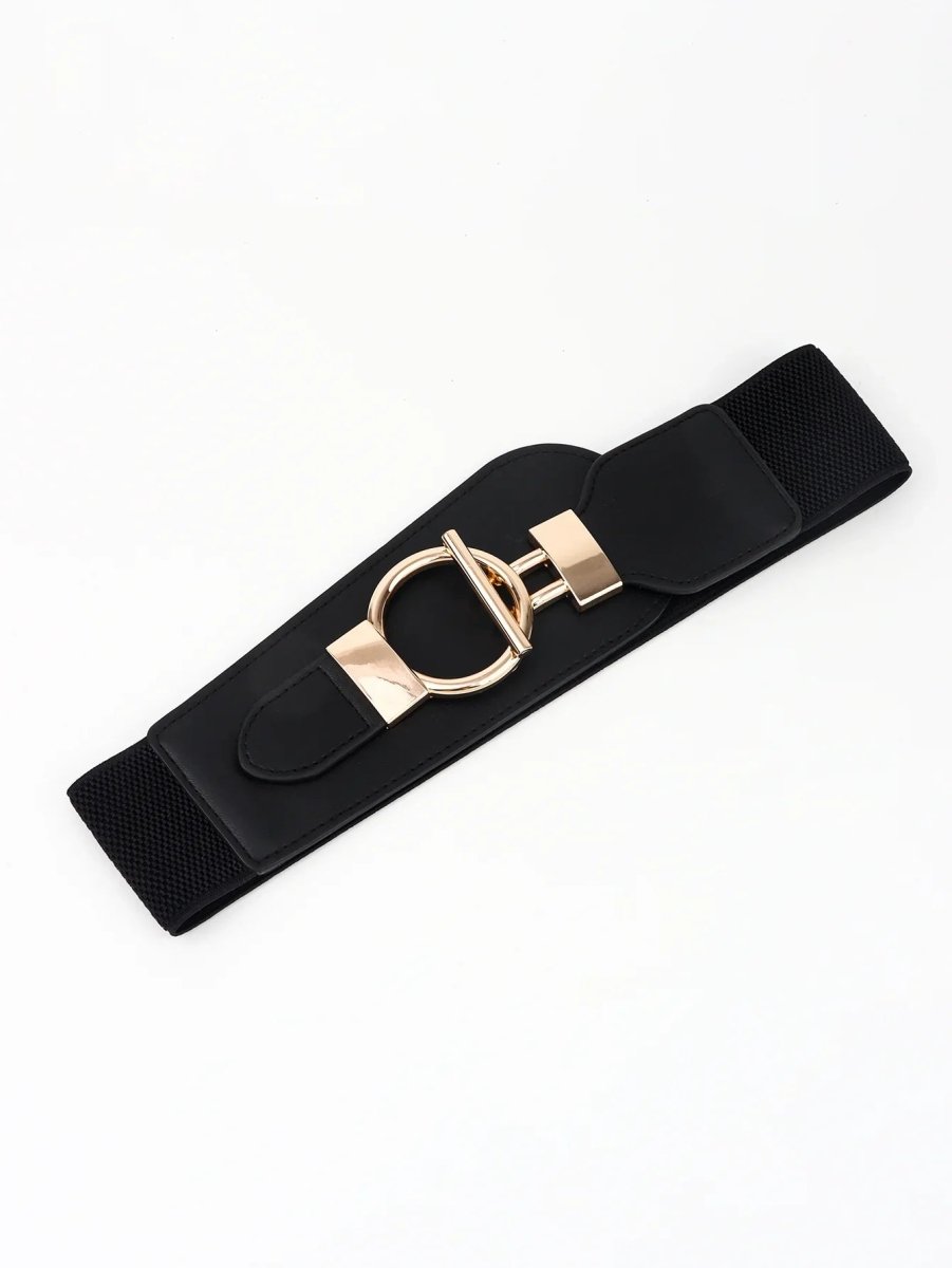 Wanderlust Wide Elastic Belt - Boho Chic Statement Accessory with Vintage Alloy Buckle: Black - minbolu -
