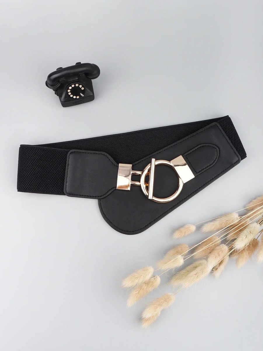 Wanderlust Wide Elastic Belt - Boho Chic Statement Accessory with Vintage Alloy Buckle: Black - minbolu -