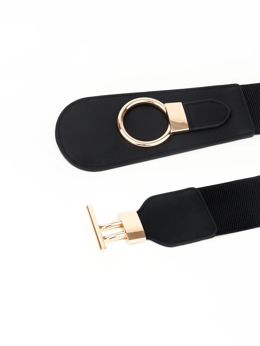 Wanderlust Wide Elastic Belt - Boho Chic Statement Accessory with Vintage Alloy Buckle: Black - minbolu -