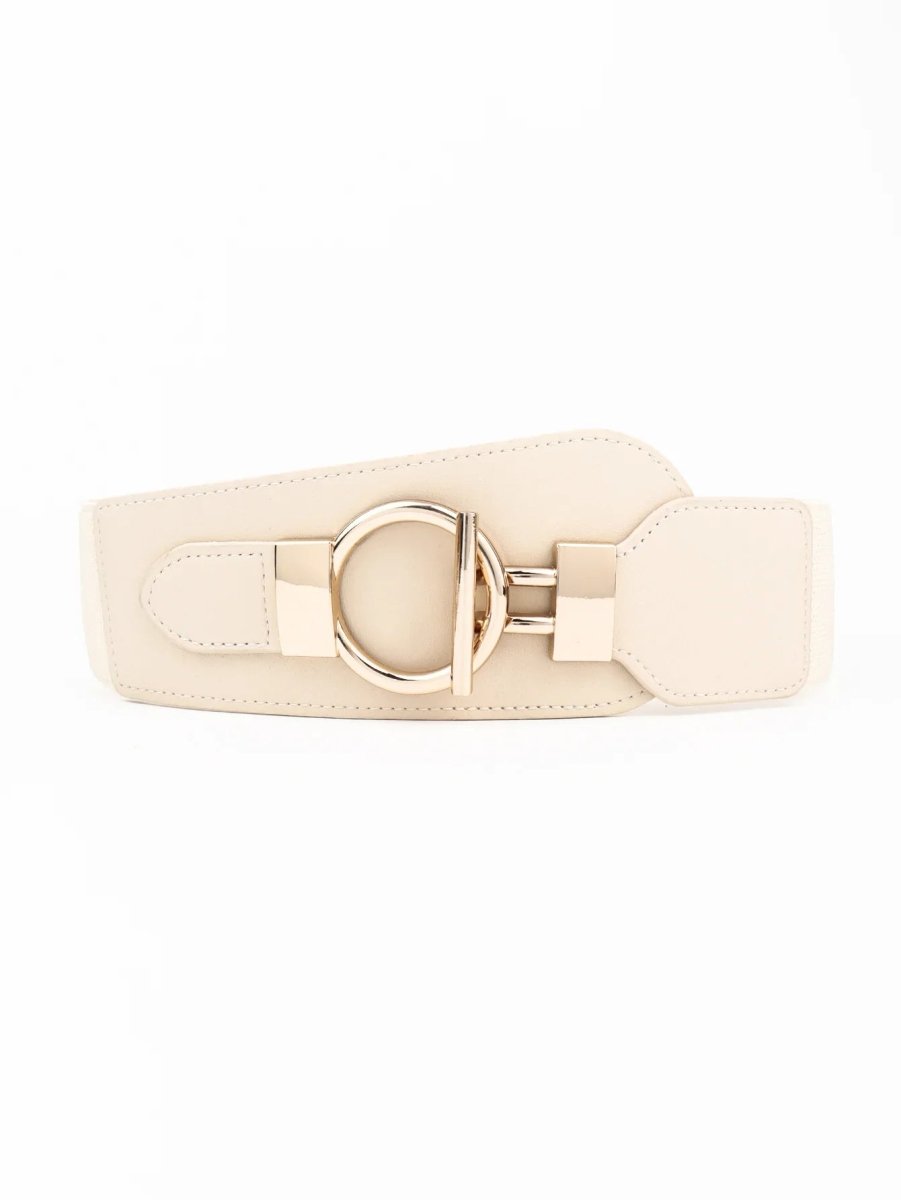 Wanderlust Wide Elastic Belt - Boho Chic Statement Accessory with Vintage Alloy Buckle: Cream - minbolu -