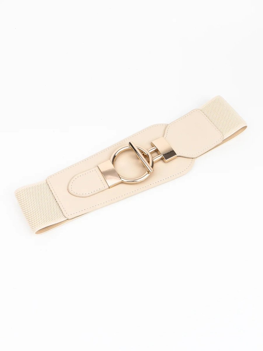 Wanderlust Wide Elastic Belt - Boho Chic Statement Accessory with Vintage Alloy Buckle: Cream - minbolu -