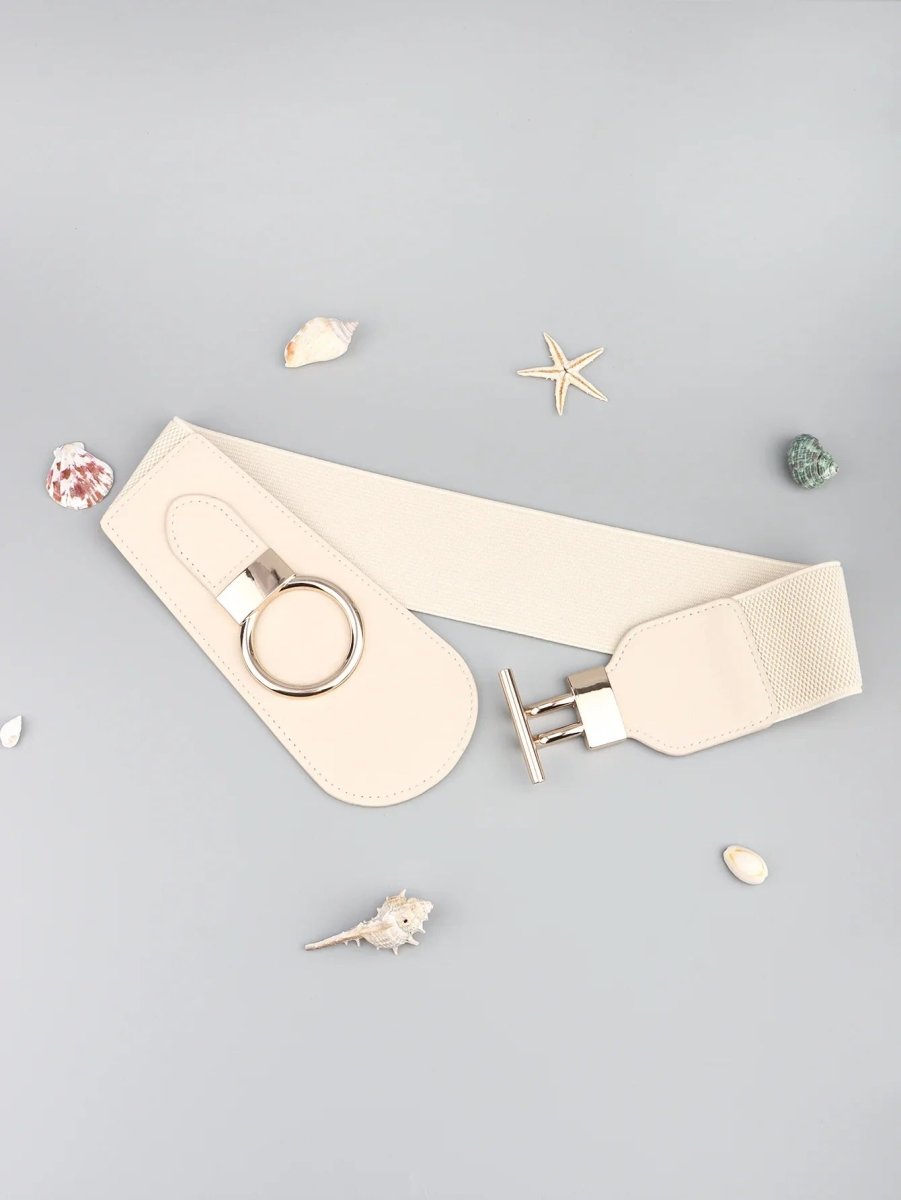 Wanderlust Wide Elastic Belt - Boho Chic Statement Accessory with Vintage Alloy Buckle: Cream - minbolu -