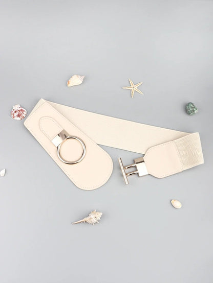 Wanderlust Wide Elastic Belt - Boho Chic Statement Accessory with Vintage Alloy Buckle: Cream - minbolu -