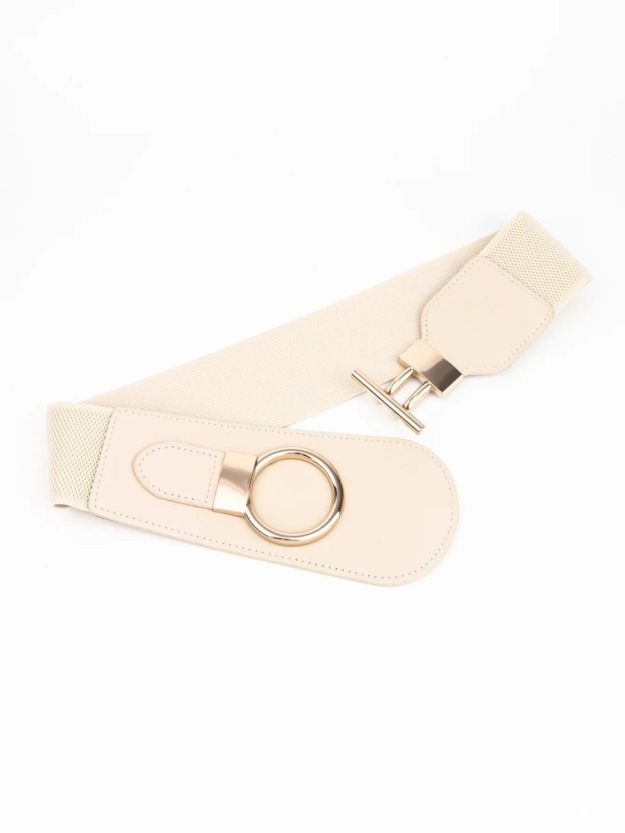 Wanderlust Wide Elastic Belt - Boho Chic Statement Accessory with Vintage Alloy Buckle: Cream - minbolu -