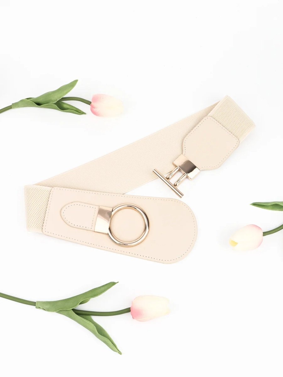 Wanderlust Wide Elastic Belt - Boho Chic Statement Accessory with Vintage Alloy Buckle: Cream - minbolu -