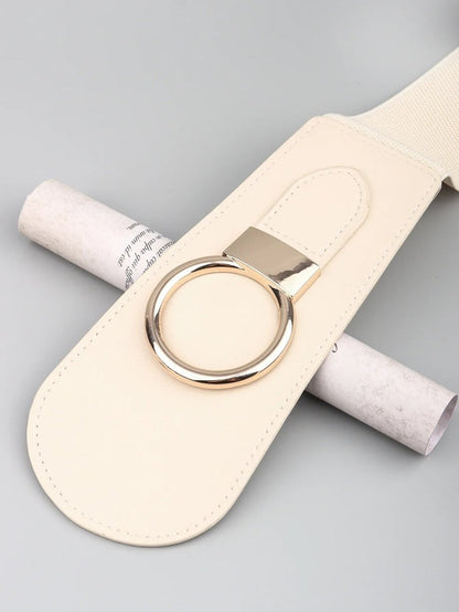 Wanderlust Wide Elastic Belt - Boho Chic Statement Accessory with Vintage Alloy Buckle: Cream - minbolu -